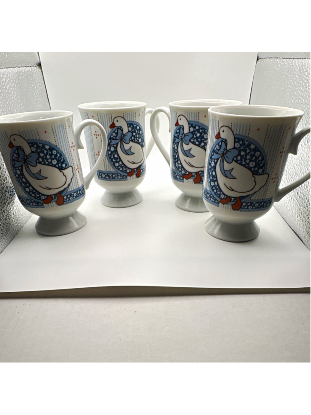 4 Ceramic Vtg. Pedestal Mugs 4fl oz White/Blue/Orange Goose Print Decorated